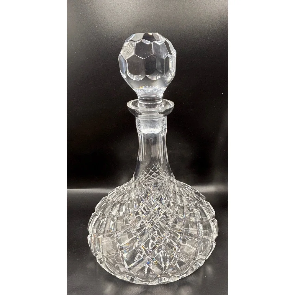 Vintage Cut Glass Decanter with Large Geometric Globe Stopper Diamond Pattern